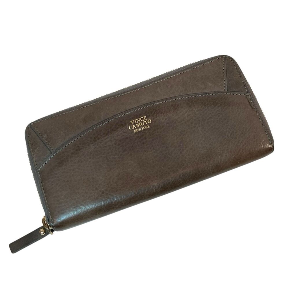Vince Camuto Wallet Gray Leather Zip-Around Credit Card Slots Zipper Pocket